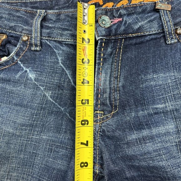 Sacred Boot Cut Flare Jeans Dark Blue Distressed Embroidery Women’s Waist 32 USA - Picture 9 of 12